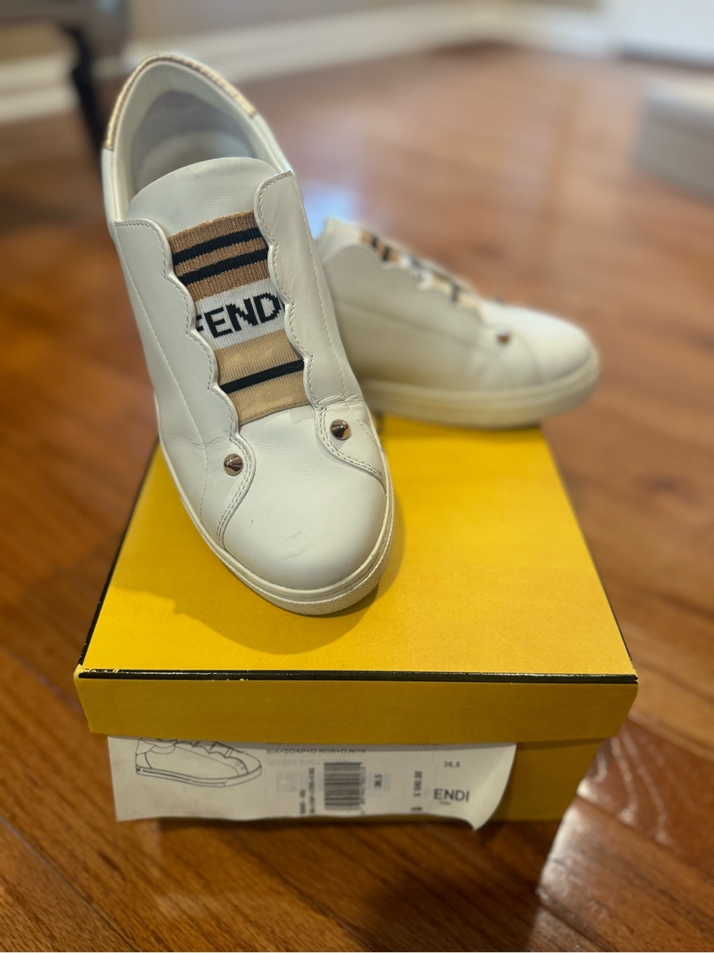 Fendi White Leather Slip-On Sneakers with Beige Fendi Logo
